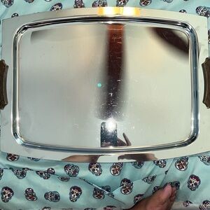 Kromex Rectangular Chrome Serving Tray with Teak Wood Handles . MCM Vintage. USA